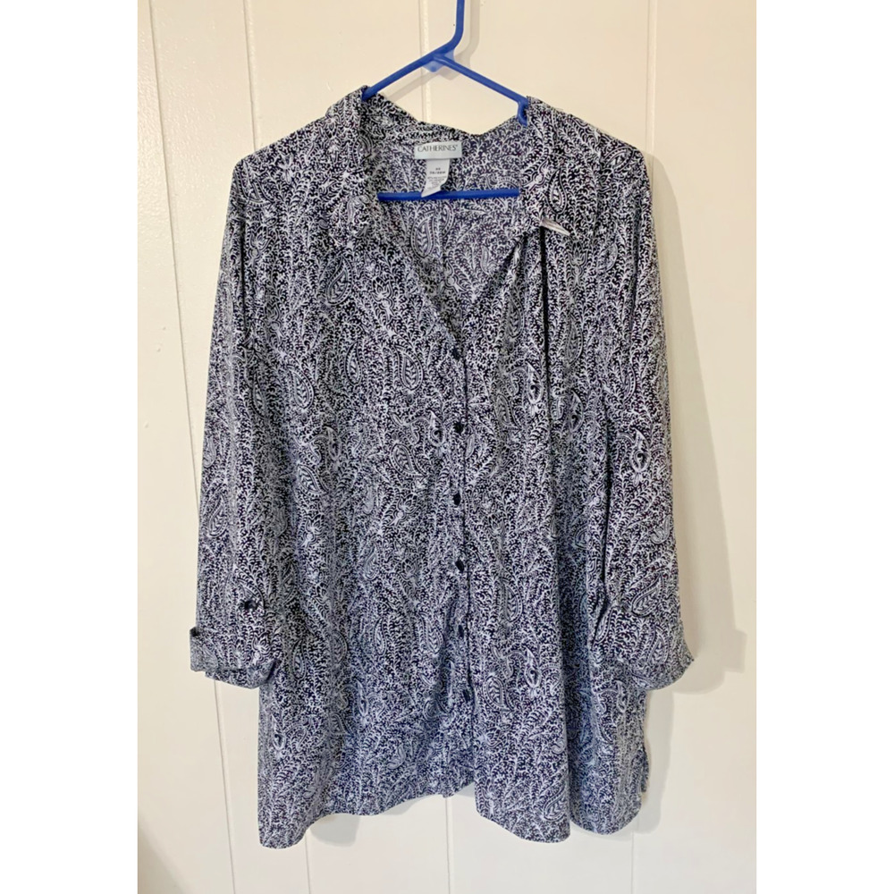 Catherines 3X Blouse Black/White Button Up Lightweight 3/4 Roll Tab Sleeve